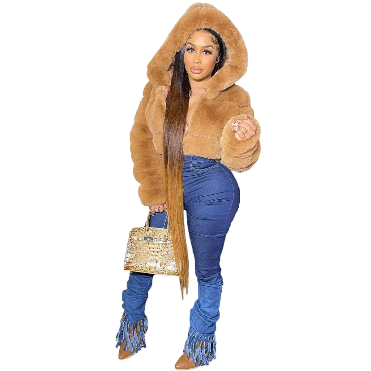 S-2XL Hooded Pink FAUX Fur Coat (Elegant)