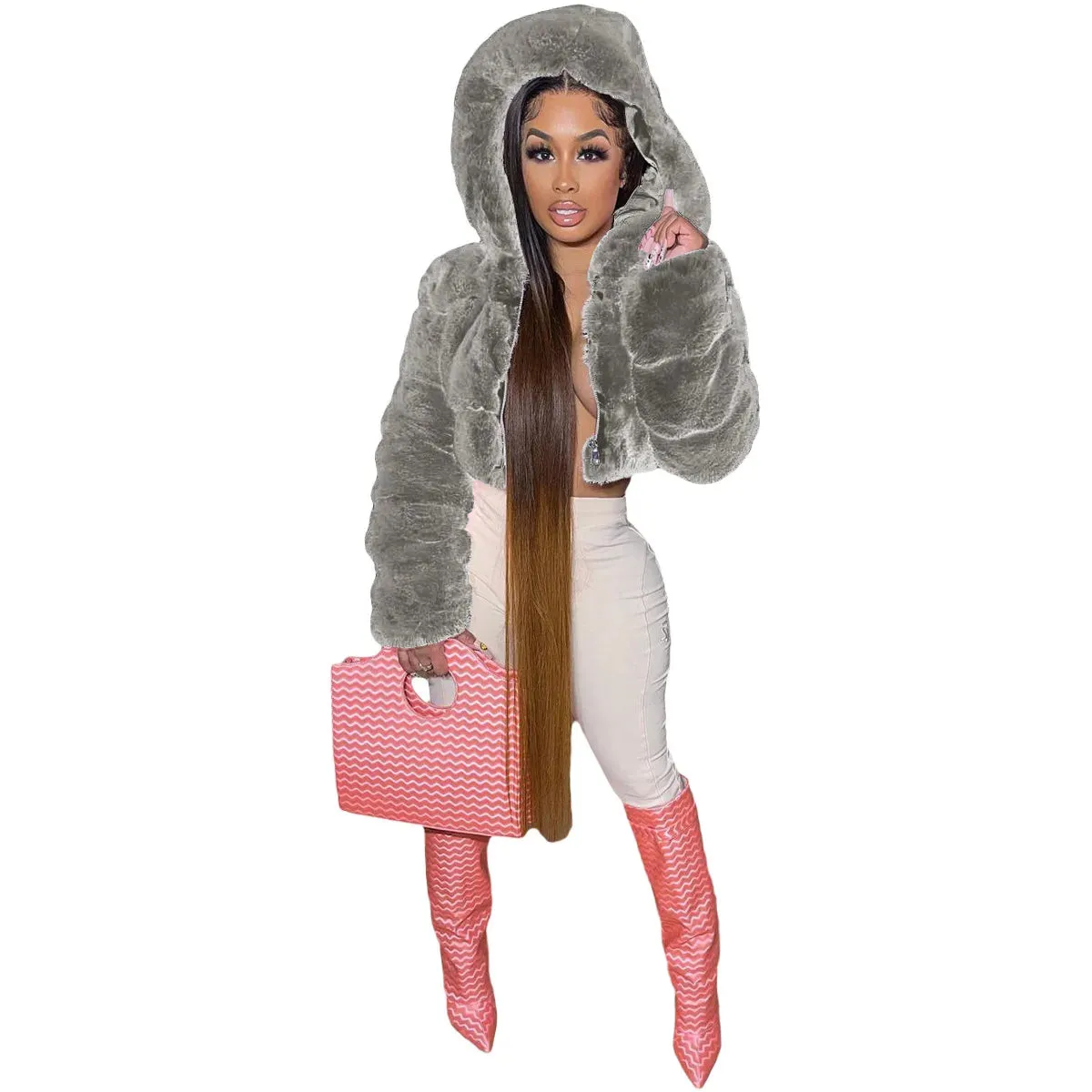 S-2XL Hooded Pink FAUX Fur Coat (Elegant)