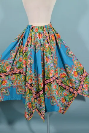 SOLD Vintage 1970s Handkerchief Point Floral Print Midi Skirt, Adjustable Elastic Waist S/M