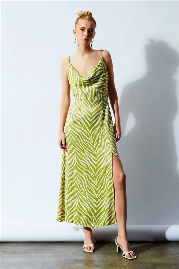 Strap Patterned Satin Midi Dress - Olive