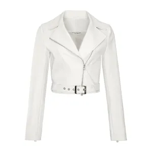 Stretch Leather Belted Biker Jacket-Ivory