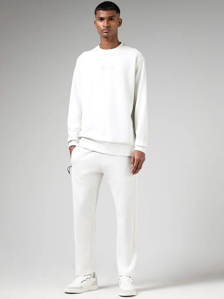 Studiofit White Embroidered Cotton Blend Relaxed-Fit Sweatshirt