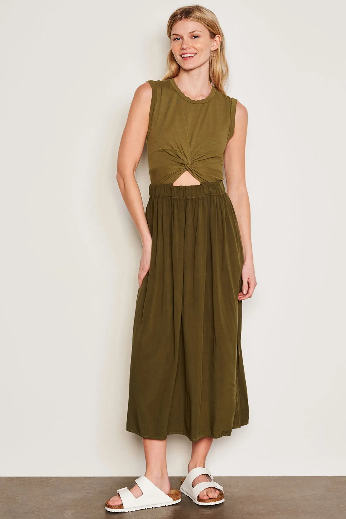 Sundry Midi Mixed Media Dress in Olive