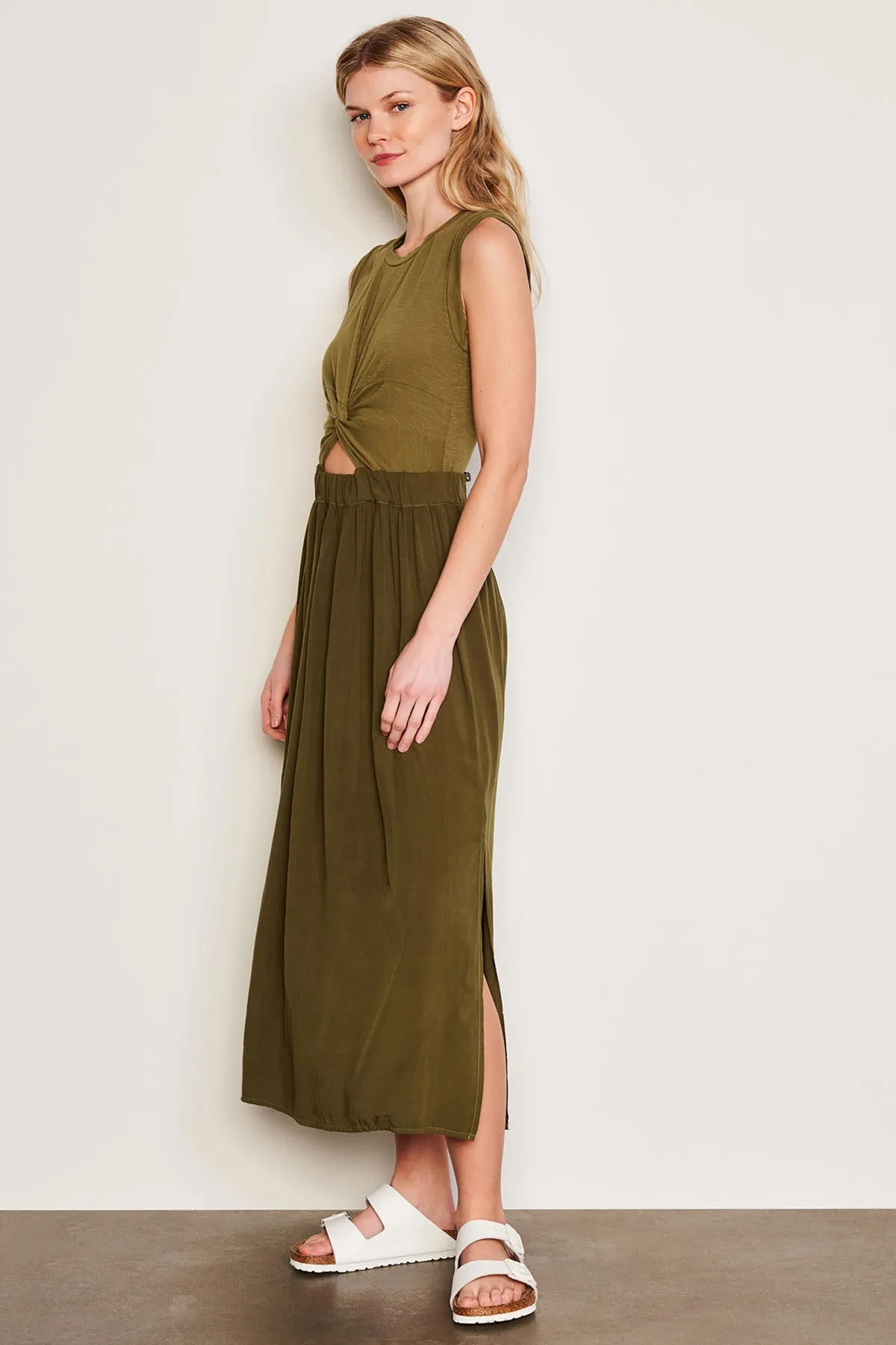 Sundry Midi Mixed Media Dress in Olive