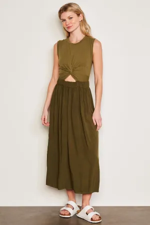 Sundry Midi Mixed Media Dress in Olive