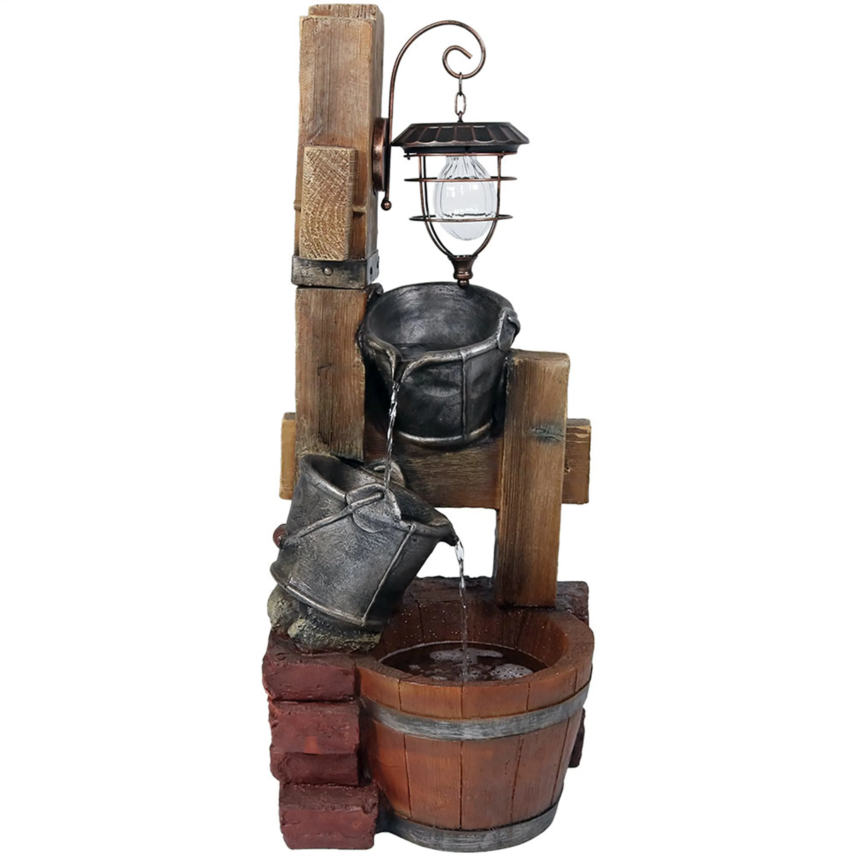 Sunnydaze Rustic Pouring Buckets Outdoor Fountain with Solar Lantern - 34"