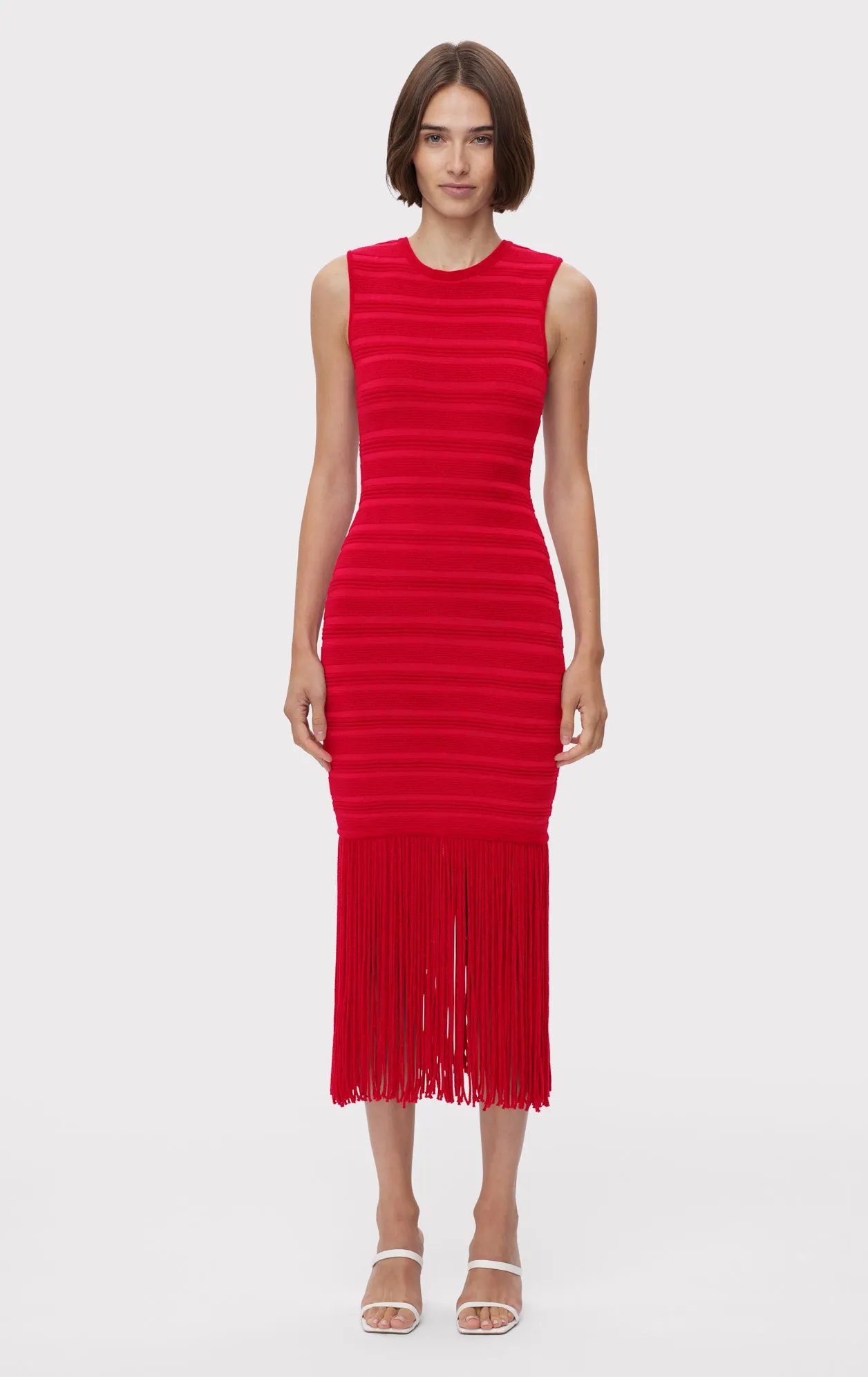 TEXTURED CHENILLE S/L FRINGE MIDI DRESS