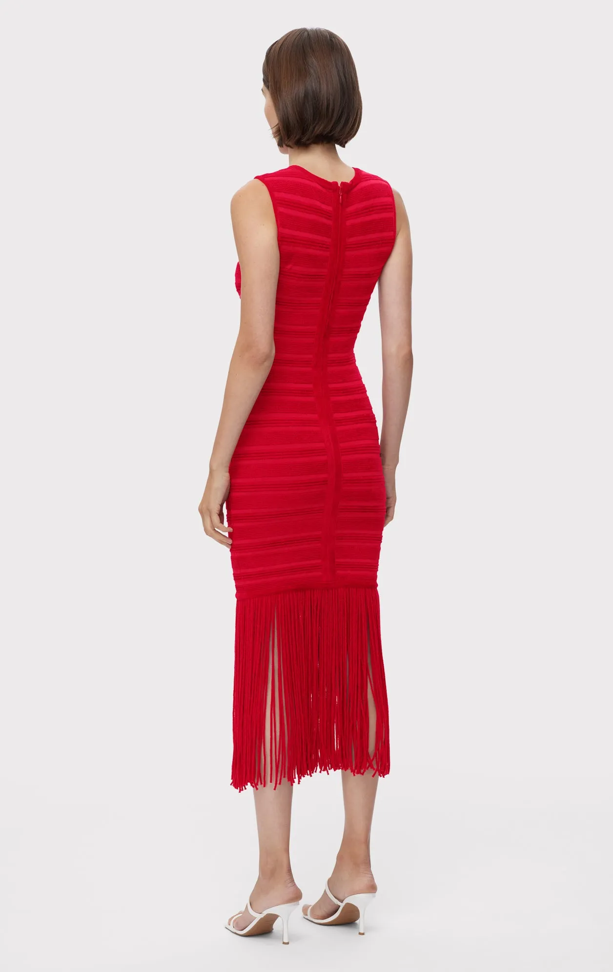 TEXTURED CHENILLE S/L FRINGE MIDI DRESS