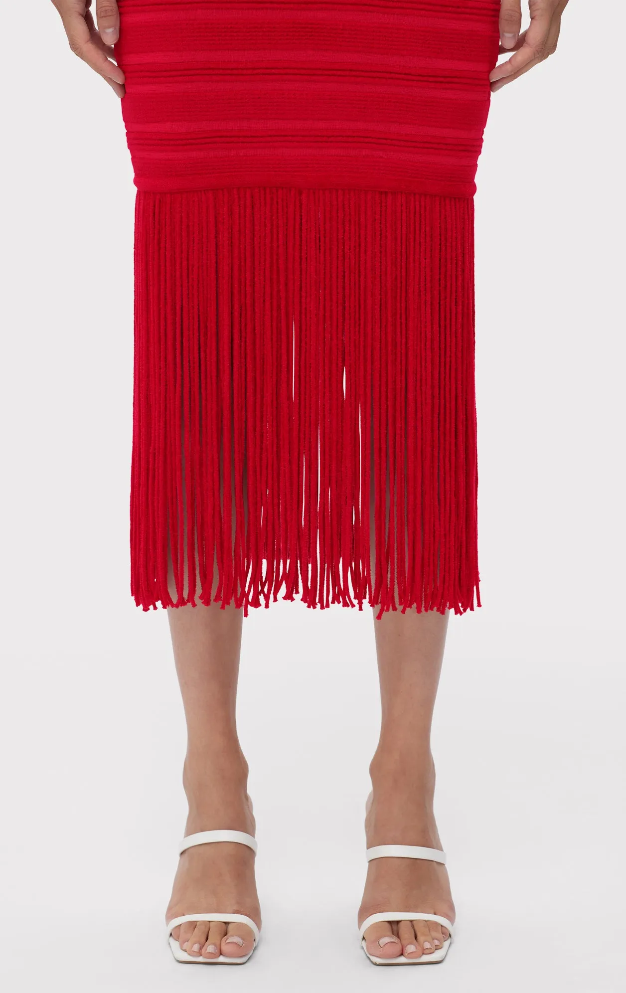 TEXTURED CHENILLE S/L FRINGE MIDI DRESS