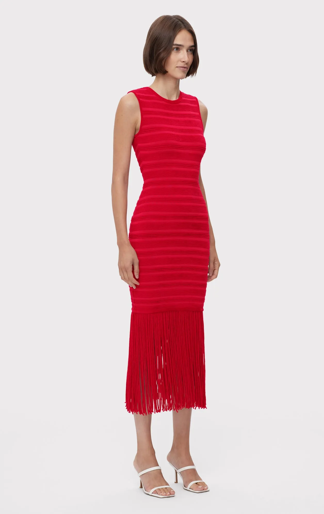 TEXTURED CHENILLE S/L FRINGE MIDI DRESS