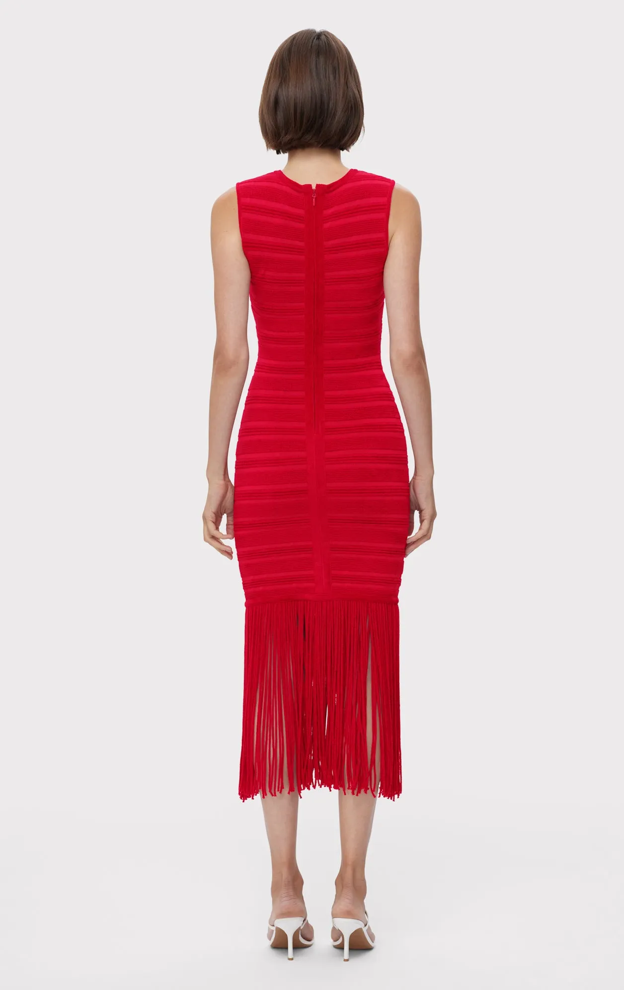 TEXTURED CHENILLE S/L FRINGE MIDI DRESS