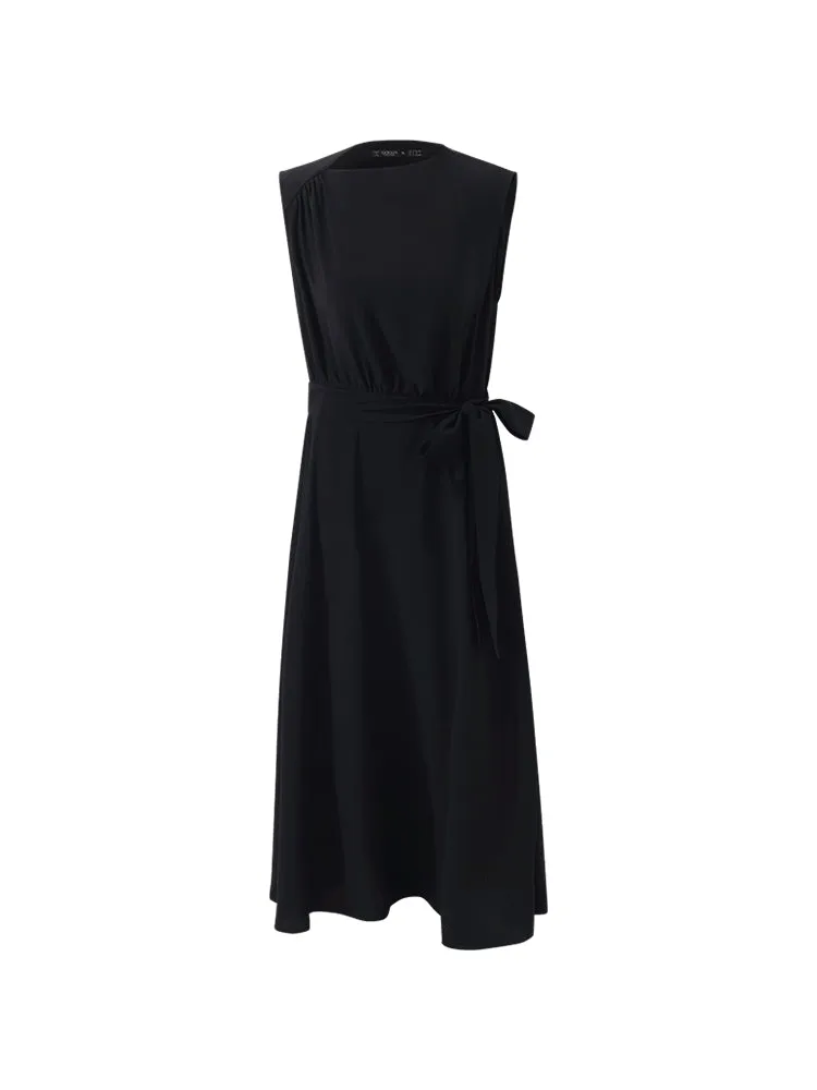 Triacetate Gathered Waist Asymmetric Neck Women Midi Dress