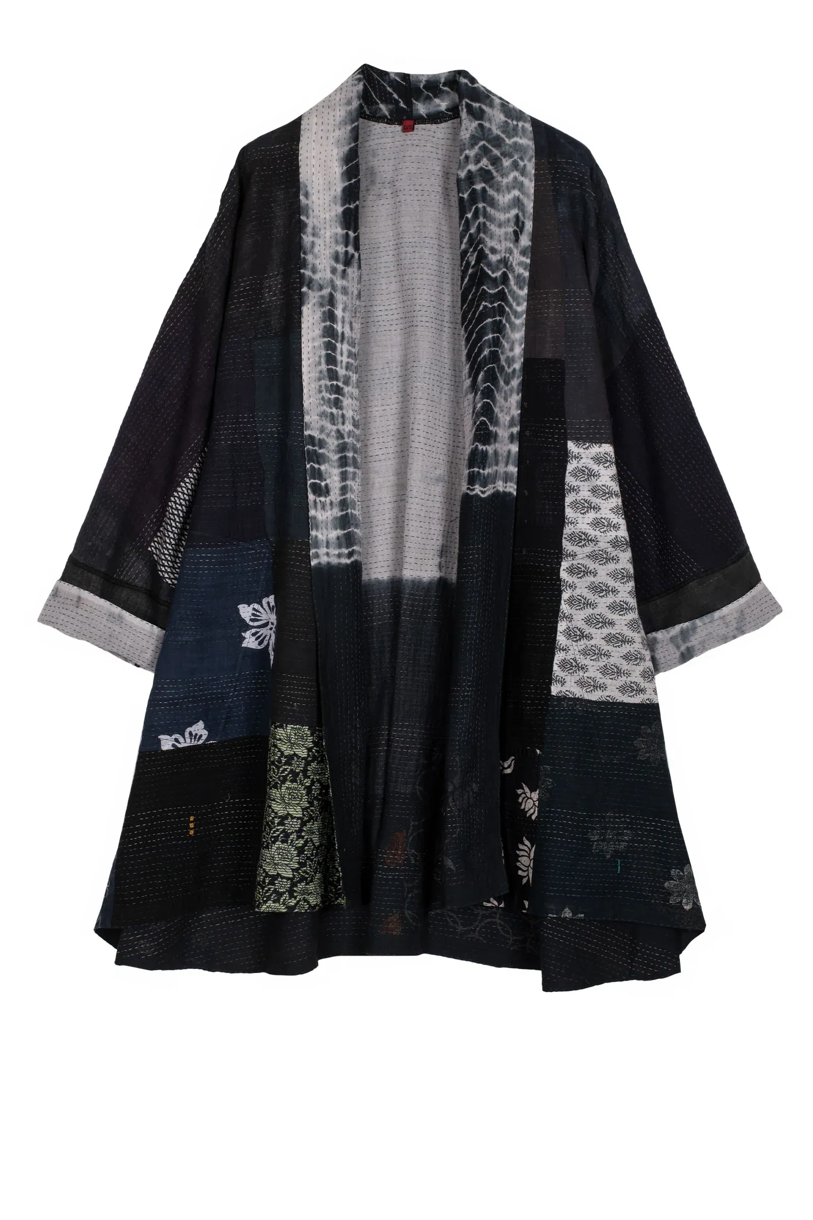 VINTAGE BOTTOM PRINT KANTHA KIMONO LONG JACKET - vb2005-blk -