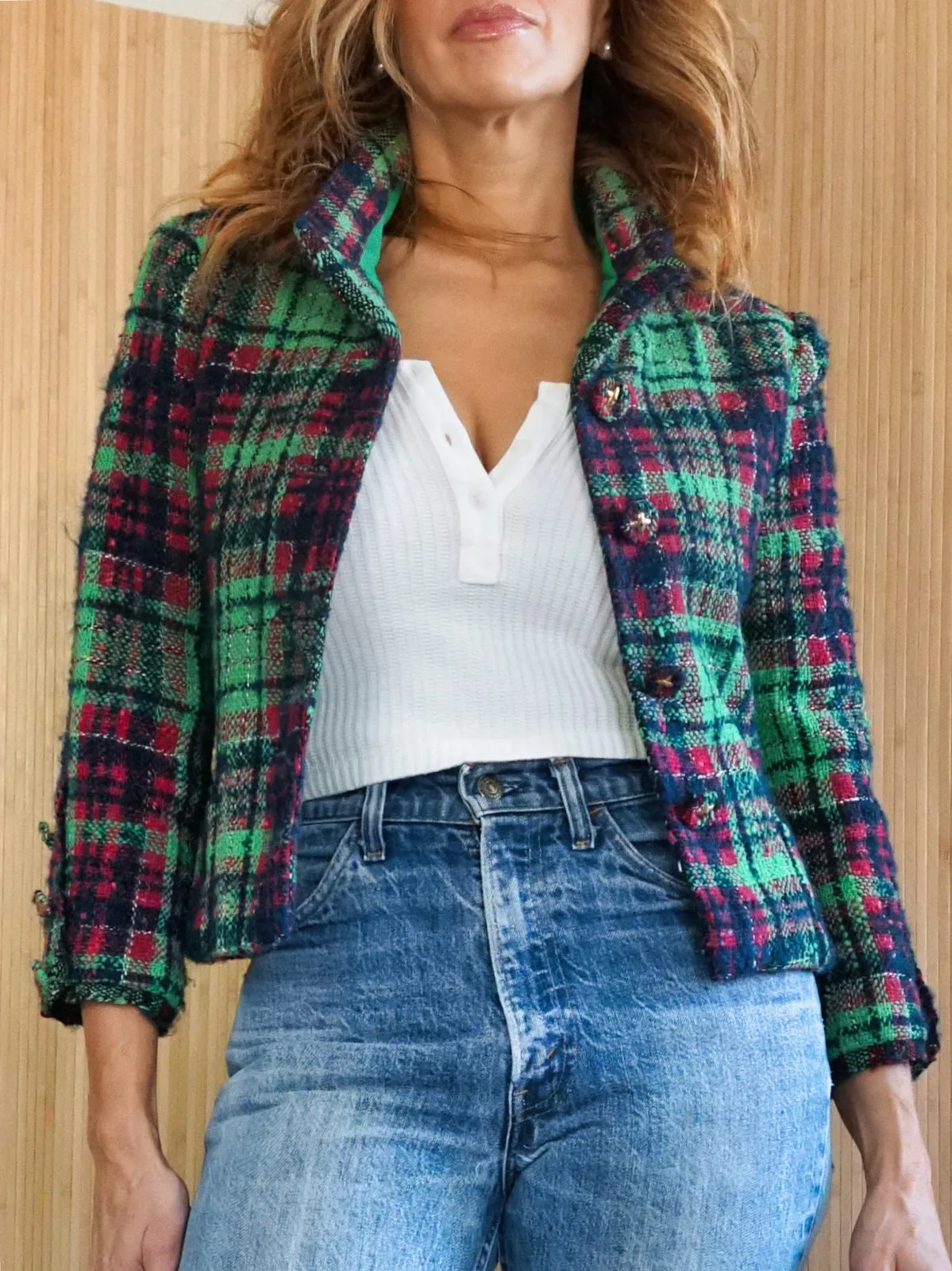 Vintage Green Plaid Boucle Blazer