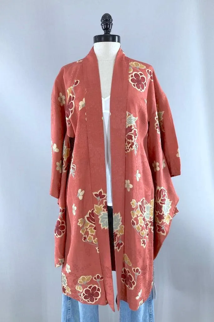 Vintage Terra Cotta Floral Silk Kimono Cardigan