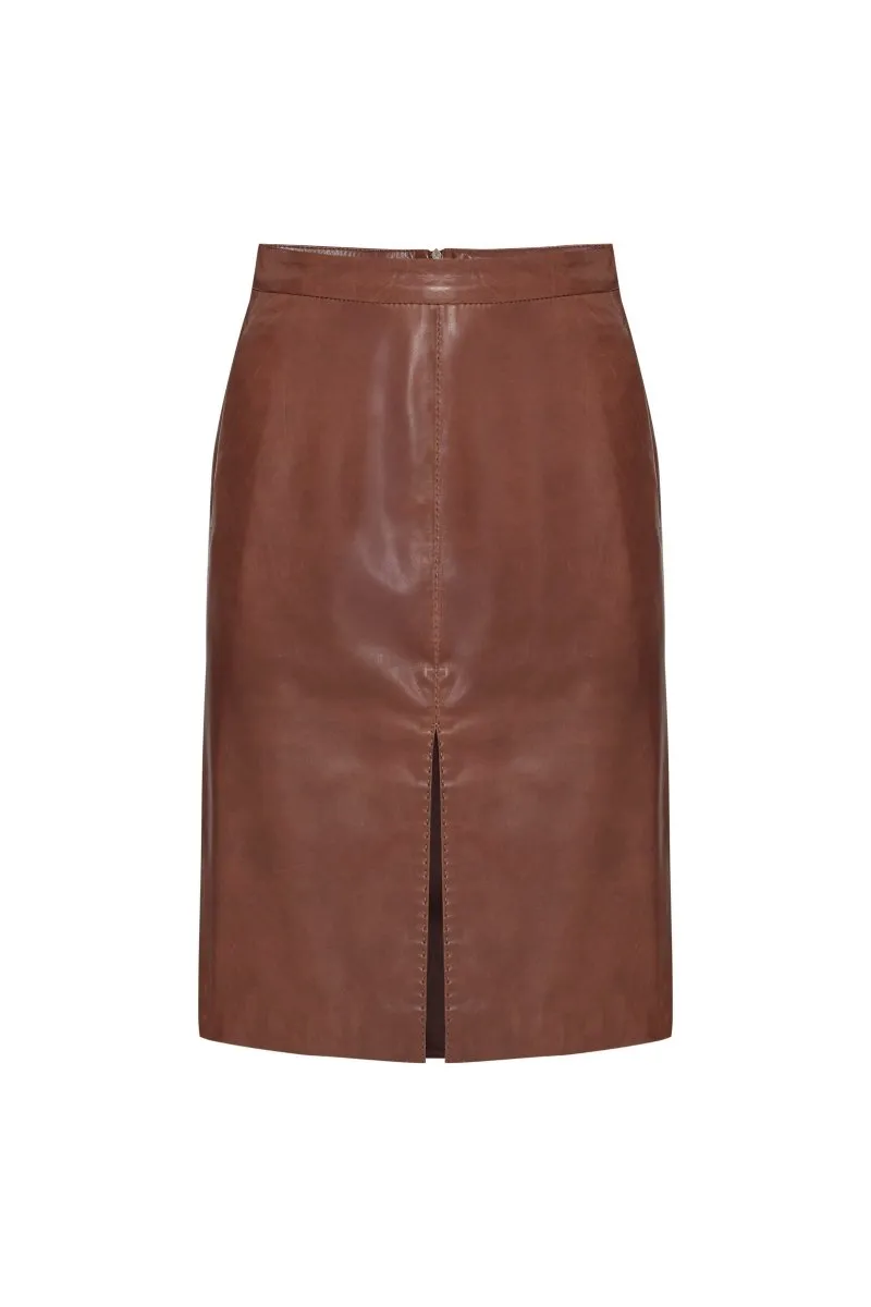 Viola Women's Midi Leather Skirt - Cognac