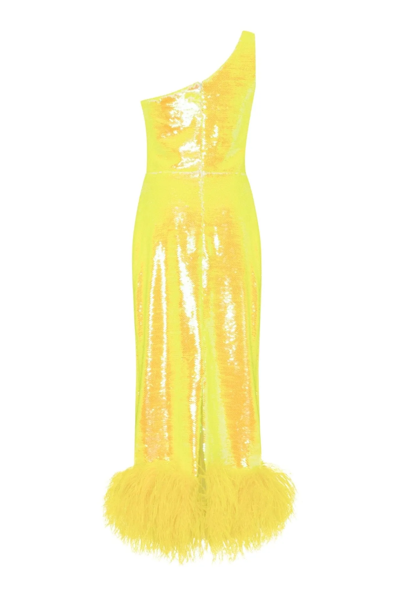 Vivid one-shoulder yellow sparkling wrapped midi dress