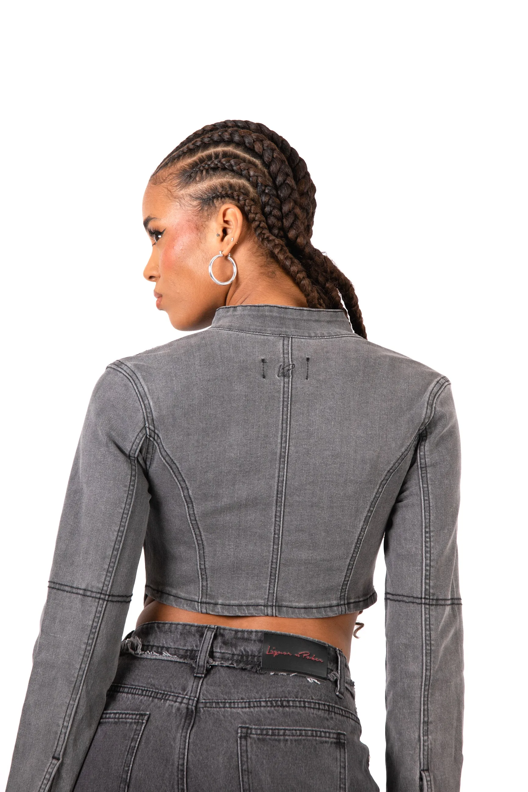 Washed Grey Rip & Repair Rapture Stitch Cropped Jacket