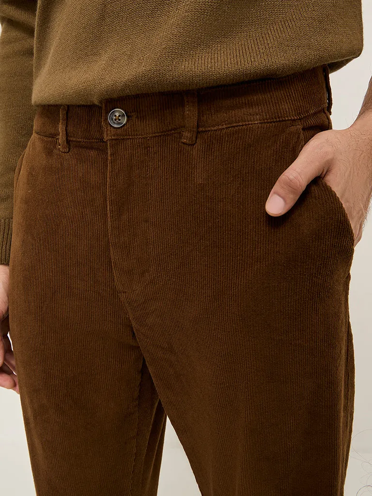 WES Casuals Brown Relaxed-Fit Mid-Rise Cotton Blend Chinos