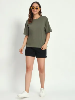 Women Green Solid Round Neck Pure Cotton T-Shirt