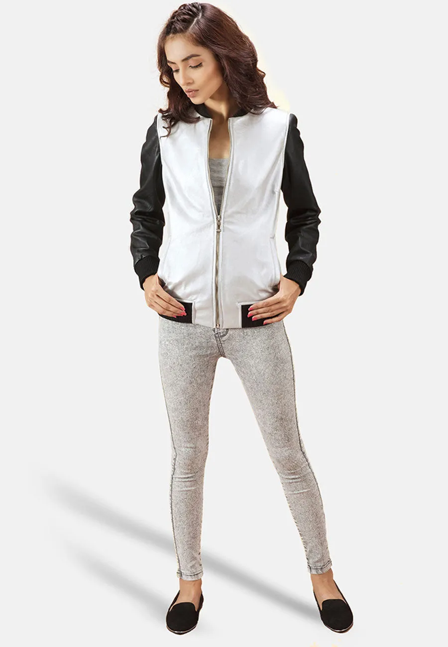 Women's Black & White Leather Bomber Jacket