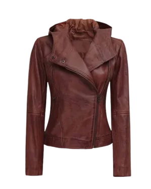 Womens Laney Genuine Brown Leather Hooded Bomber Jacket