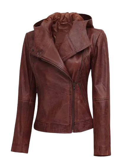 Womens Laney Genuine Brown Leather Hooded Bomber Jacket