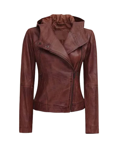 Womens Laney Genuine Brown Leather Hooded Bomber Jacket