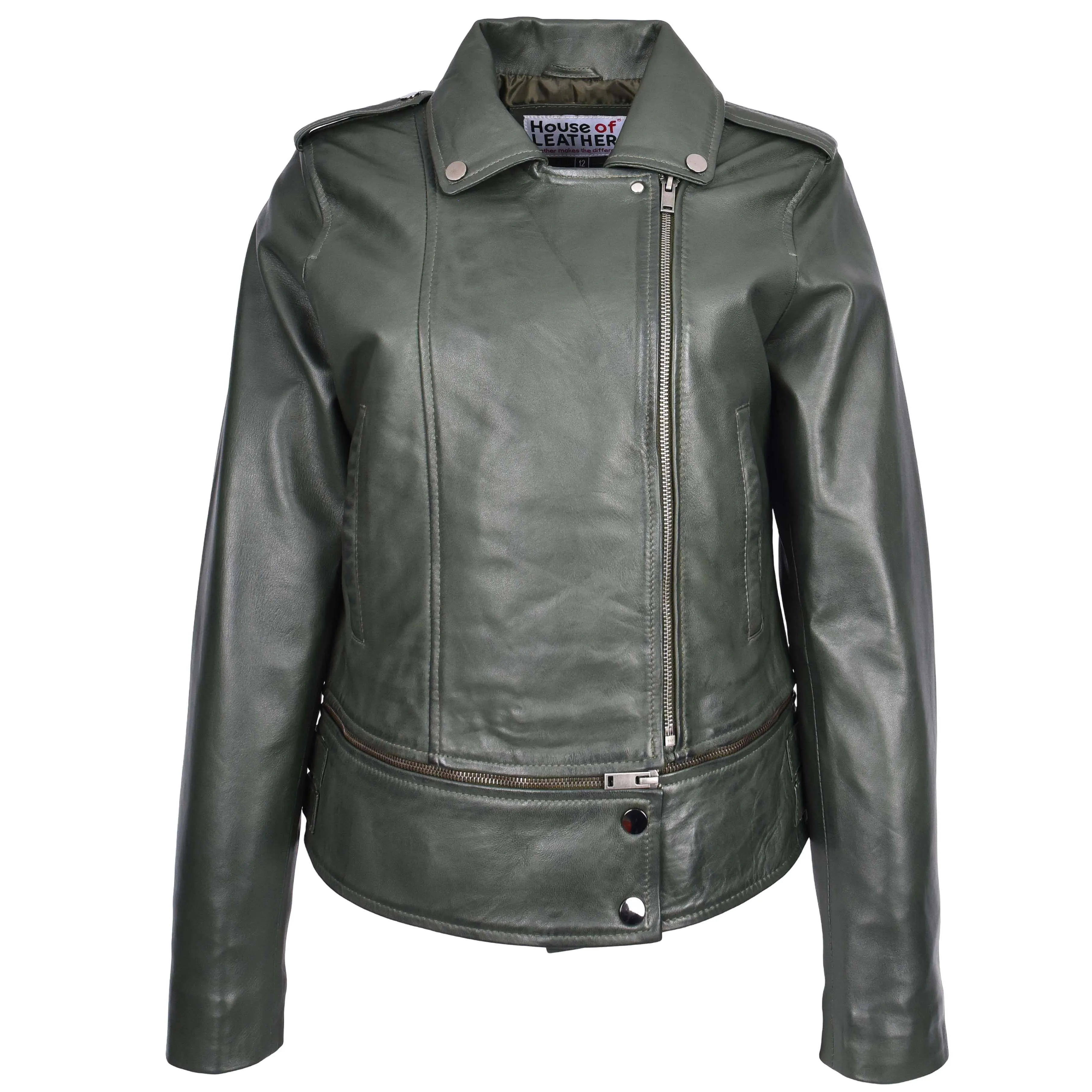 Womens Real Leather Biker Jacket 2-in-1 Cropped Style Bianca Green