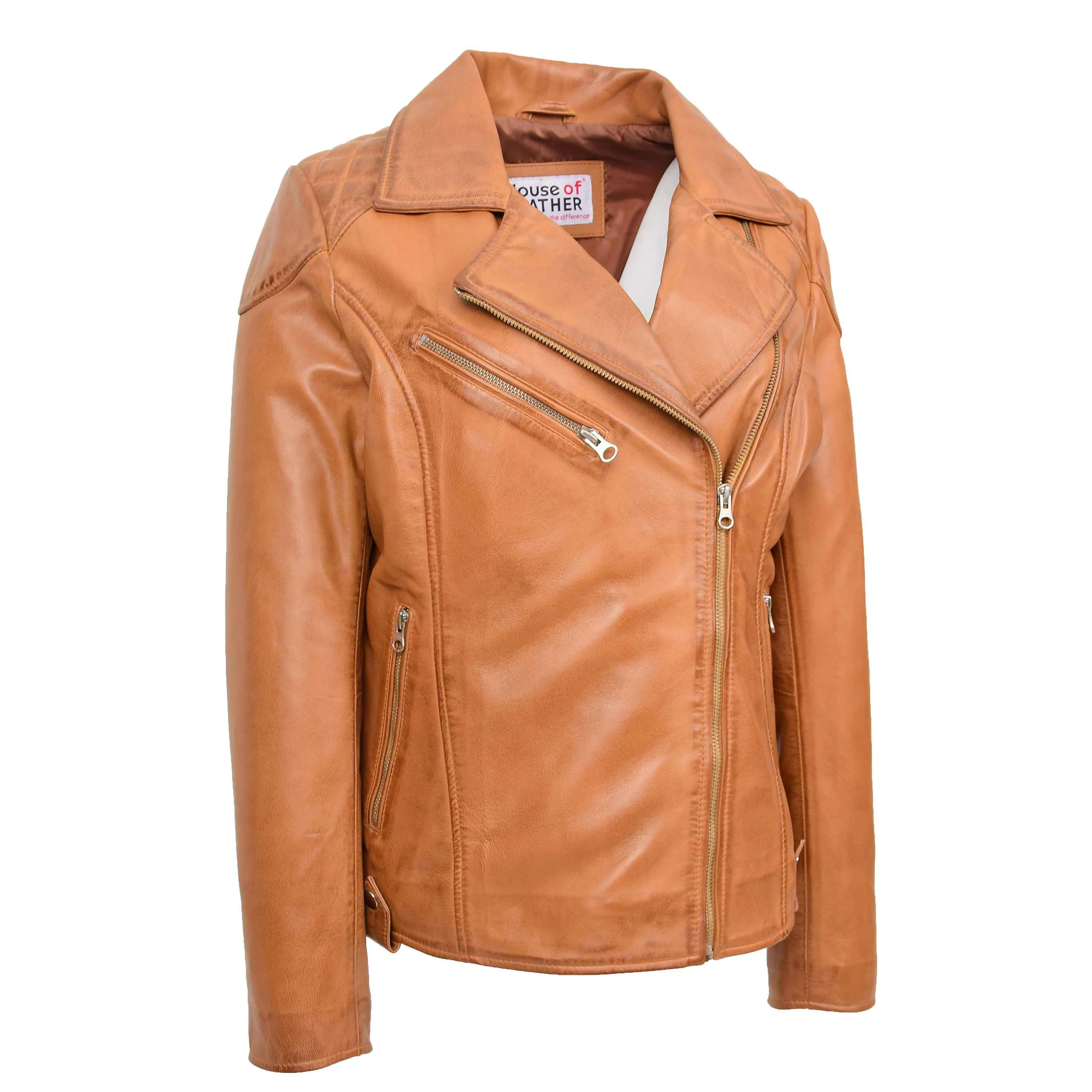 Womens Real Leather Biker Jacket Cross Zip Pockets Cherry Tan