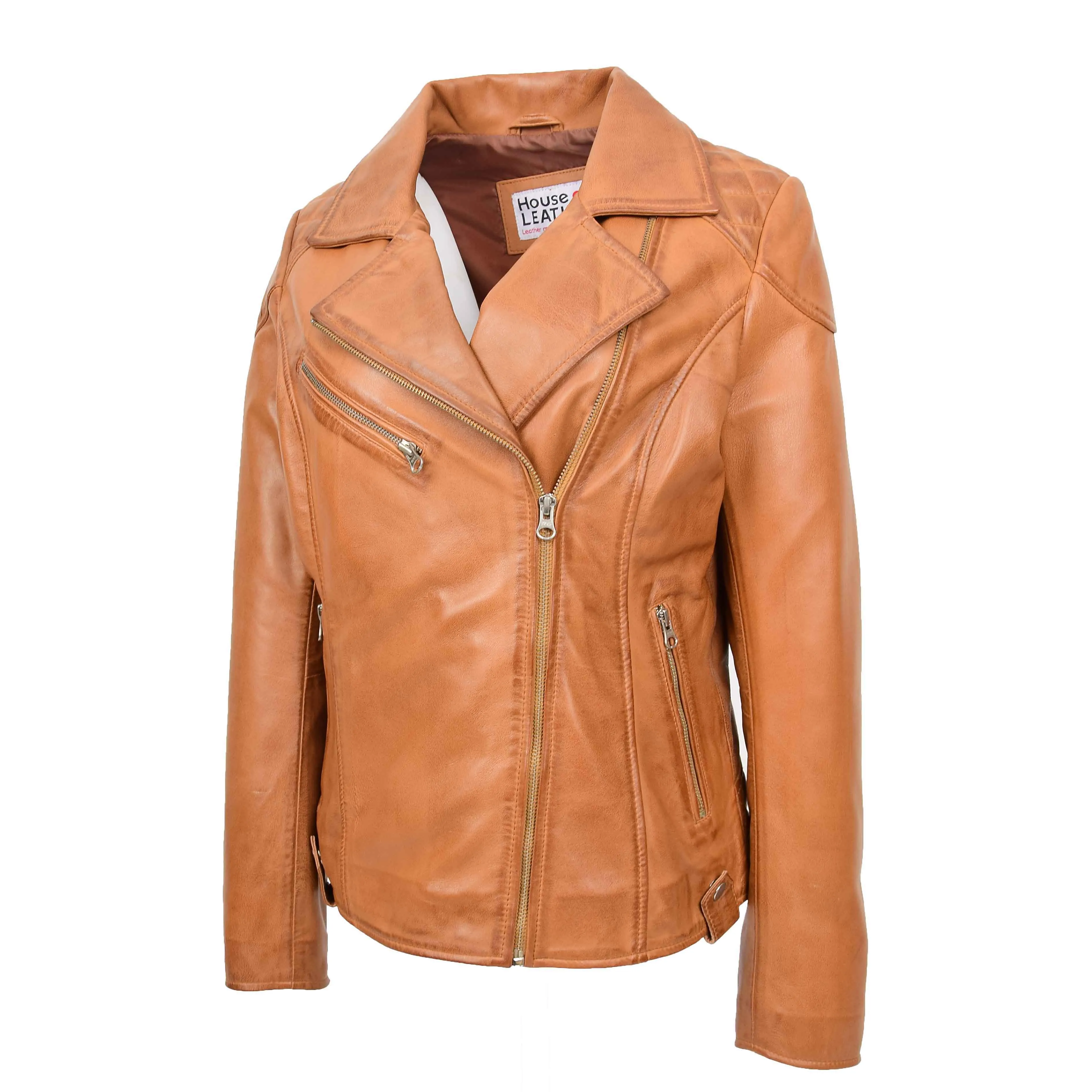 Womens Real Leather Biker Jacket Cross Zip Pockets Cherry Tan