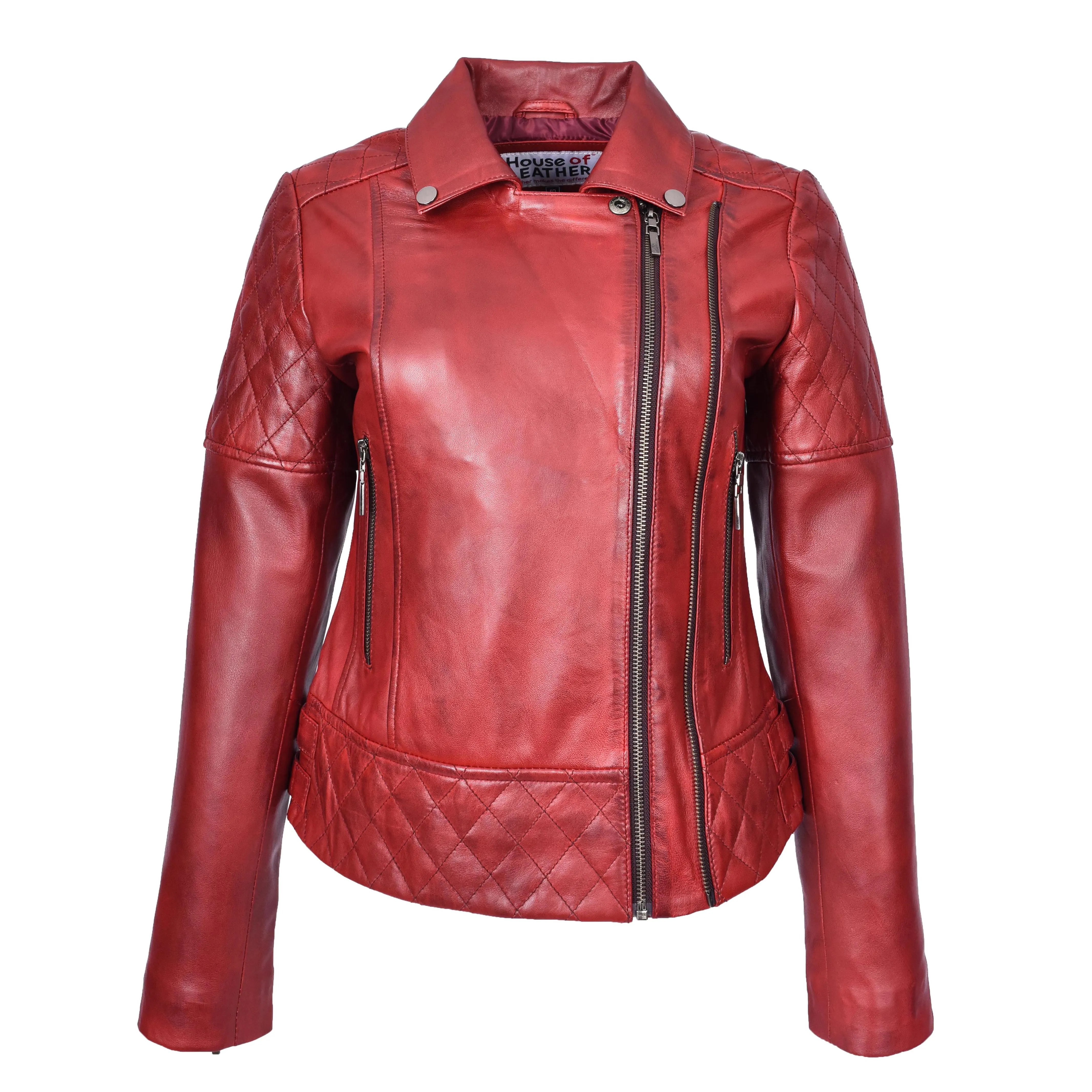 Women's Real Leather Jacket Multi Cross Zip Biker Style Fitted Quilted Nixi Burnish Red