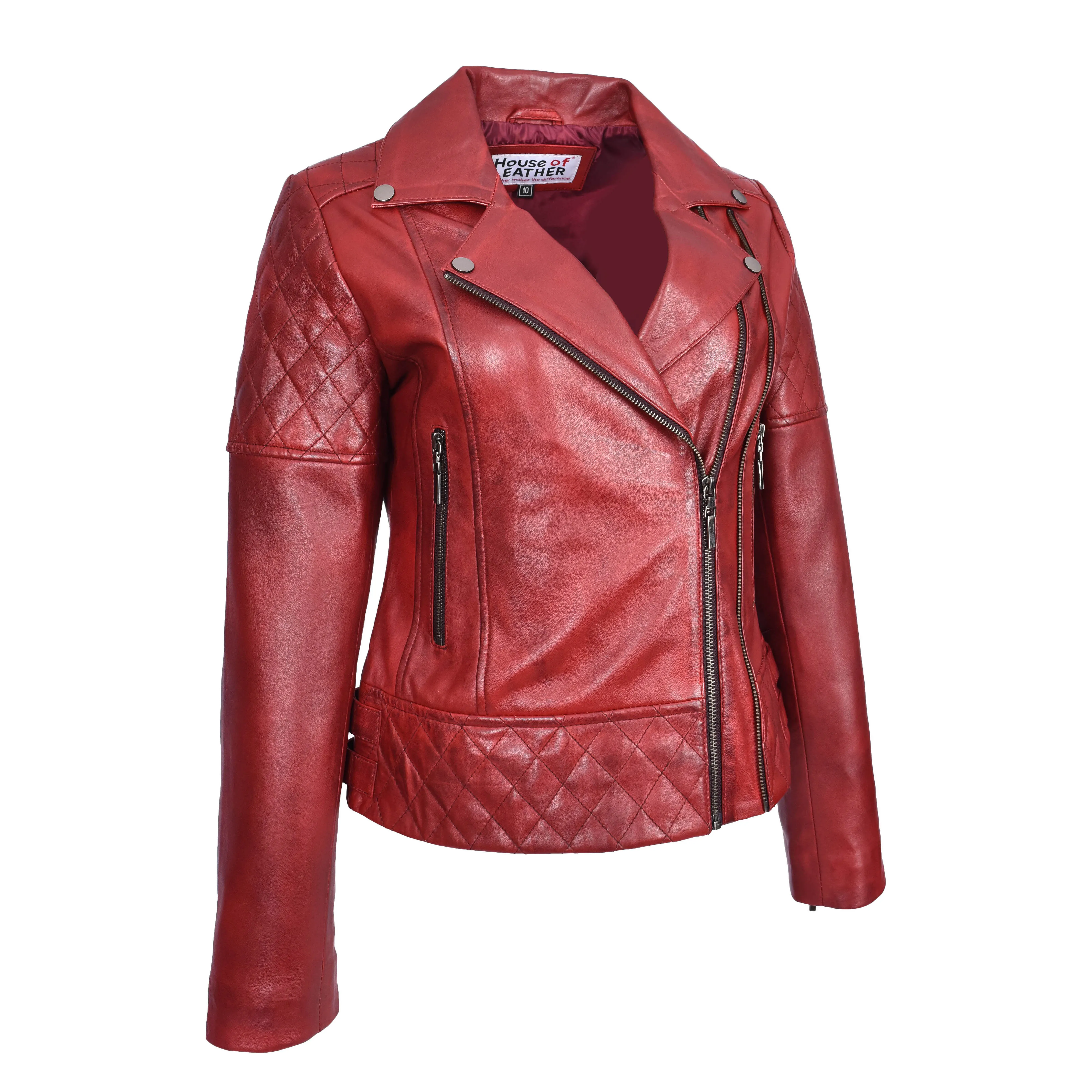 Women's Real Leather Jacket Multi Cross Zip Biker Style Fitted Quilted Nixi Burnish Red