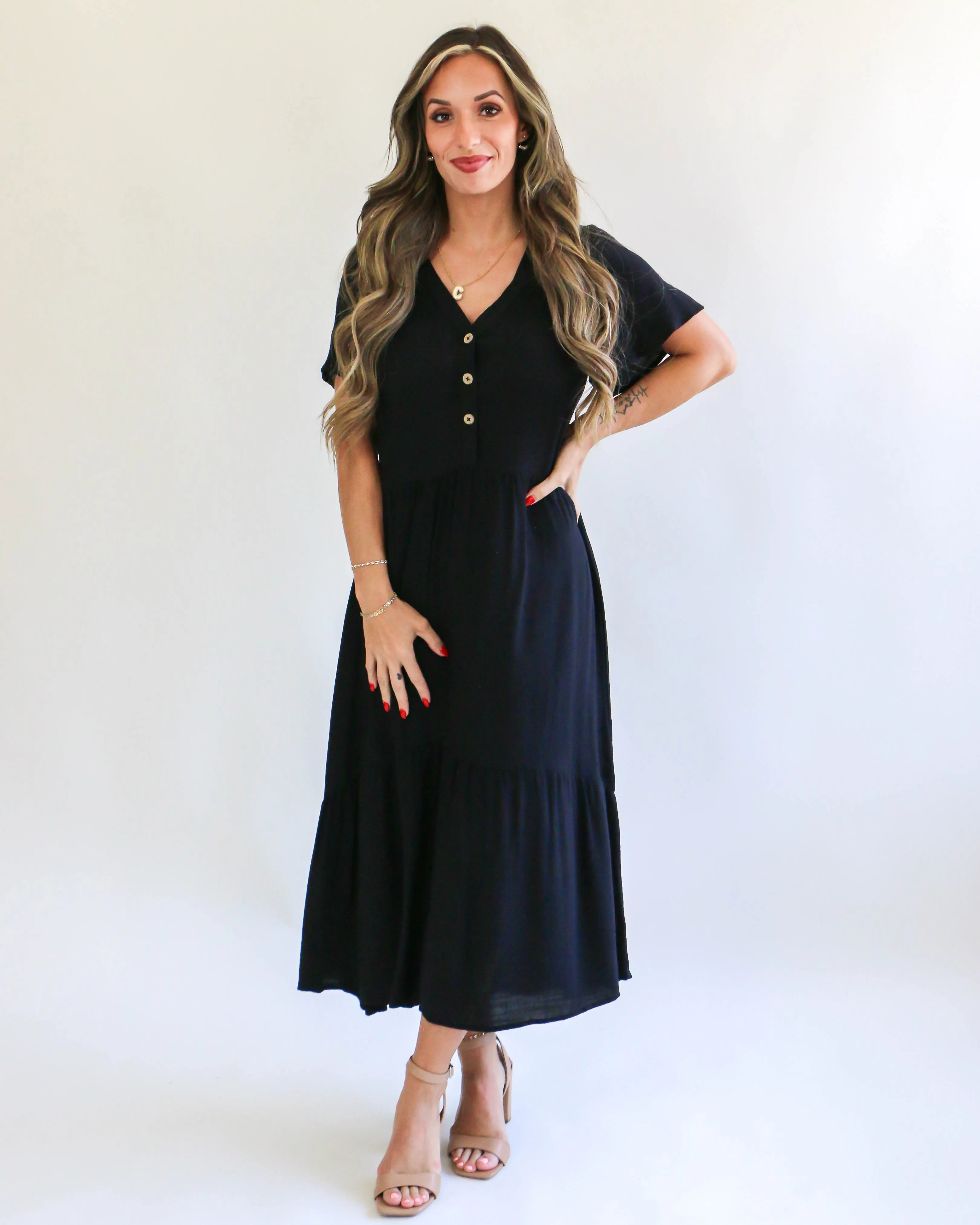 Woven Tiered V Neck Midi Dress in Black