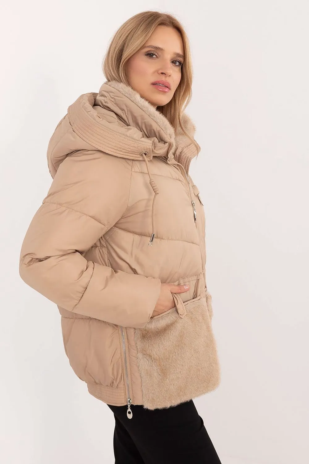 Zip-Up Quilted Jacket with Hood Light Brown