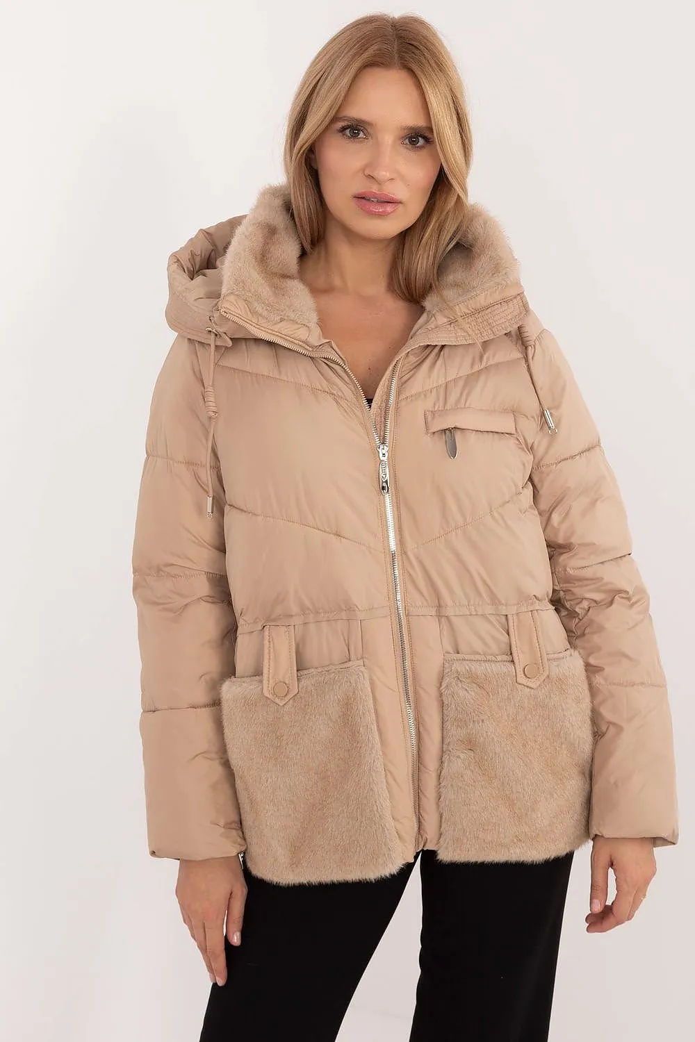 Zip-Up Quilted Jacket with Hood Light Brown